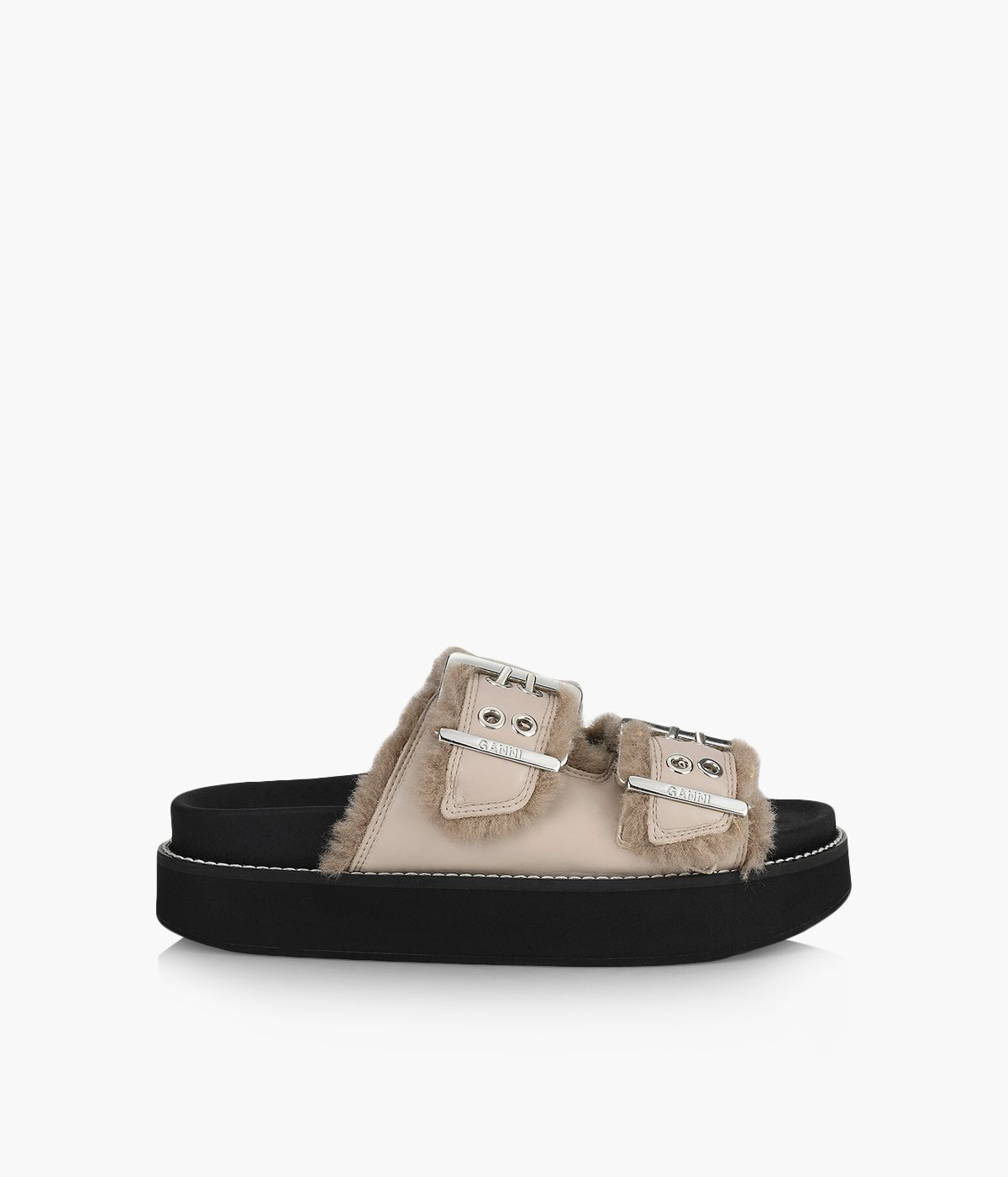 GANNI BUCKLE FLAT SANDAL FUR Beige Leather Browns Shoes