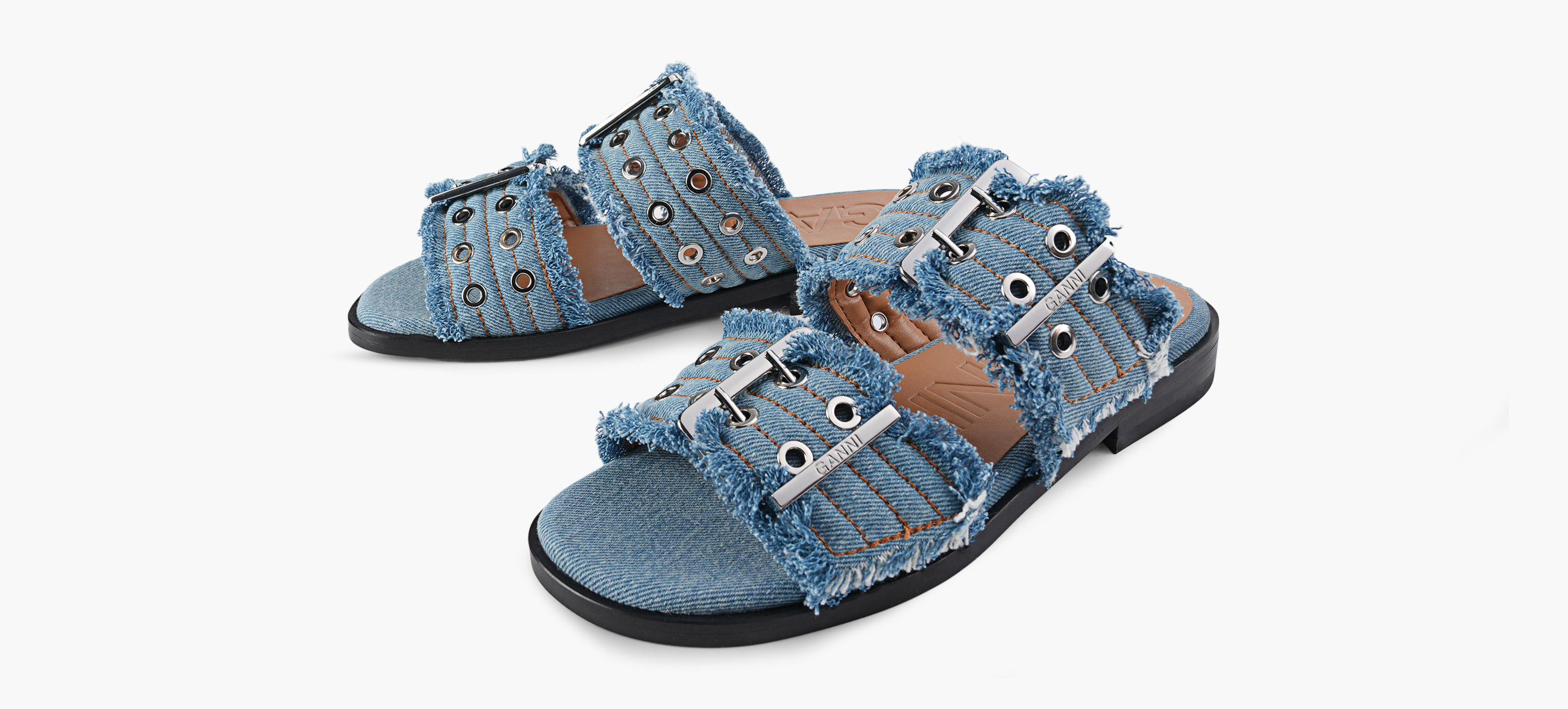 FEMINIE BUCKLE TWO STRAP SANDAL CHARMS DENIM